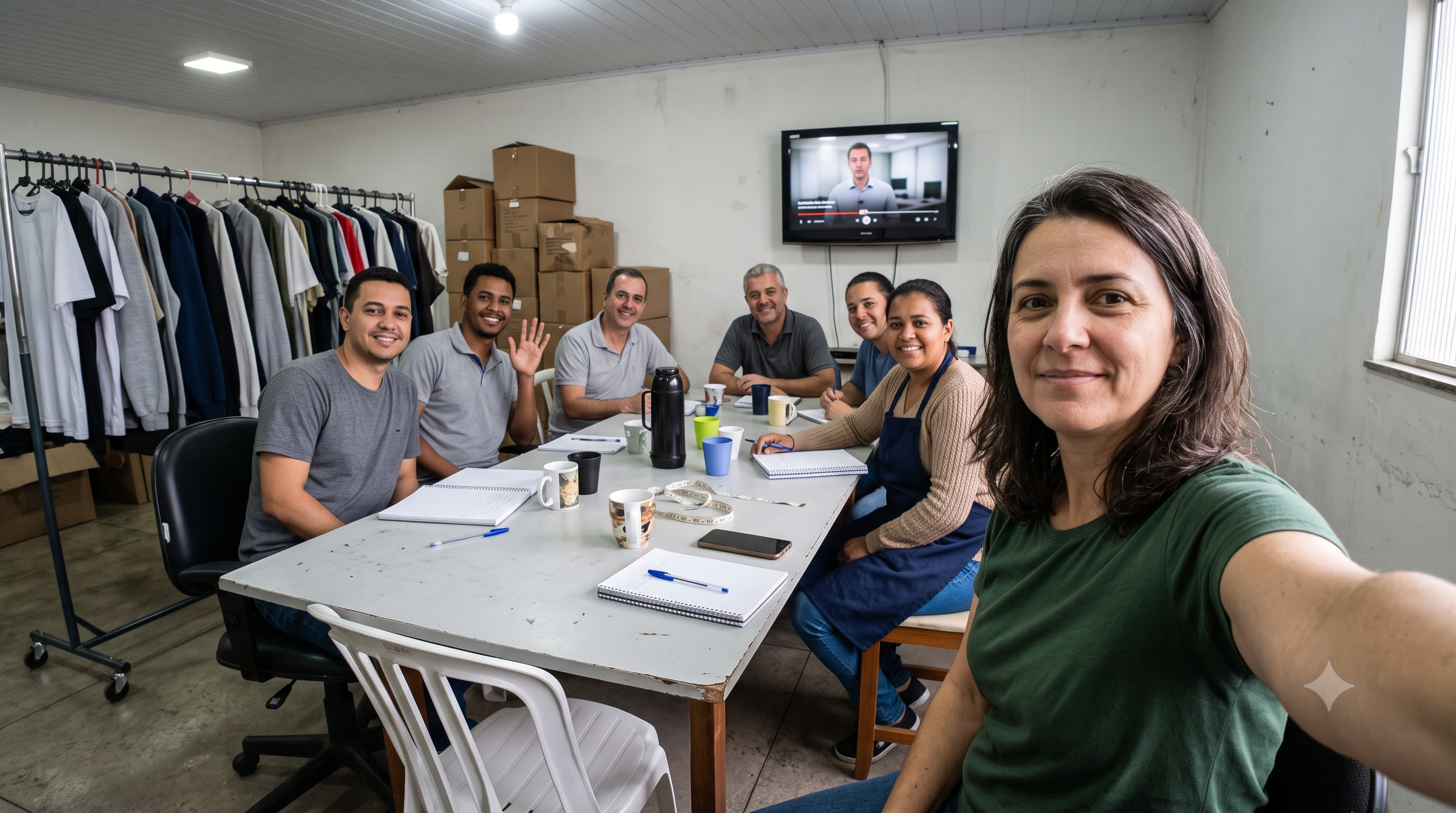 Equipe reunida em uma sala de reunião durante uma roda.
